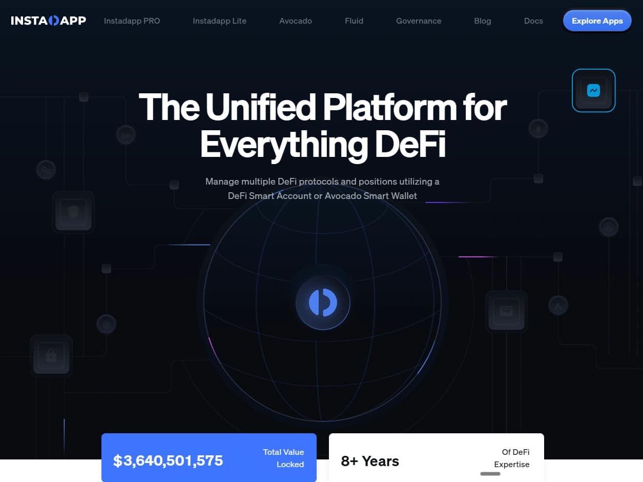 Instadapp homepage - The Unified Platform for Everything DeFi