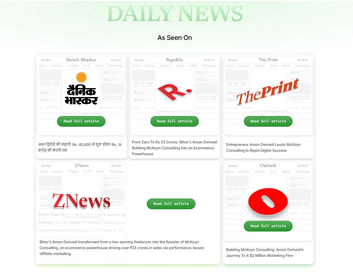 As Seen On - McKayn press coverage in Dainik Bhaskar, Republic, The Print, ZNews, and Outlook