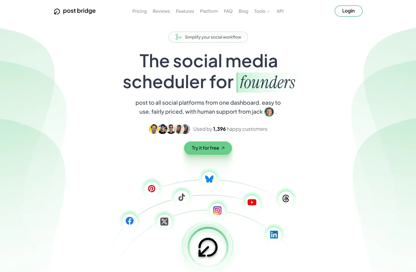 Post Bridge homepage — the social media scheduler for founders