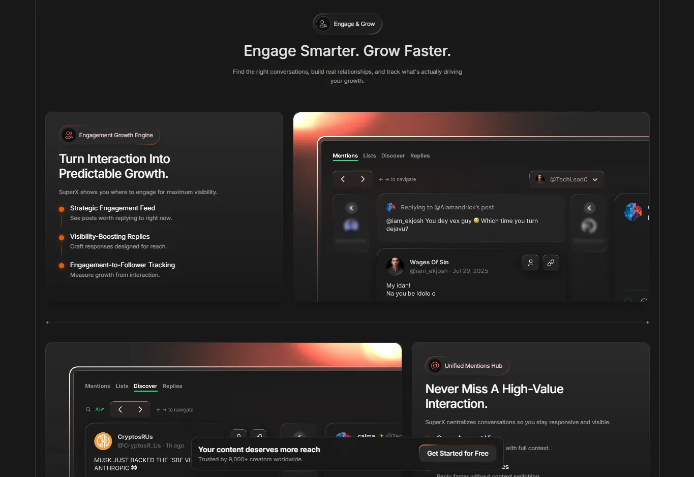 SuperX — 'Engage Smarter. Grow Faster.', the engagement section further down the page