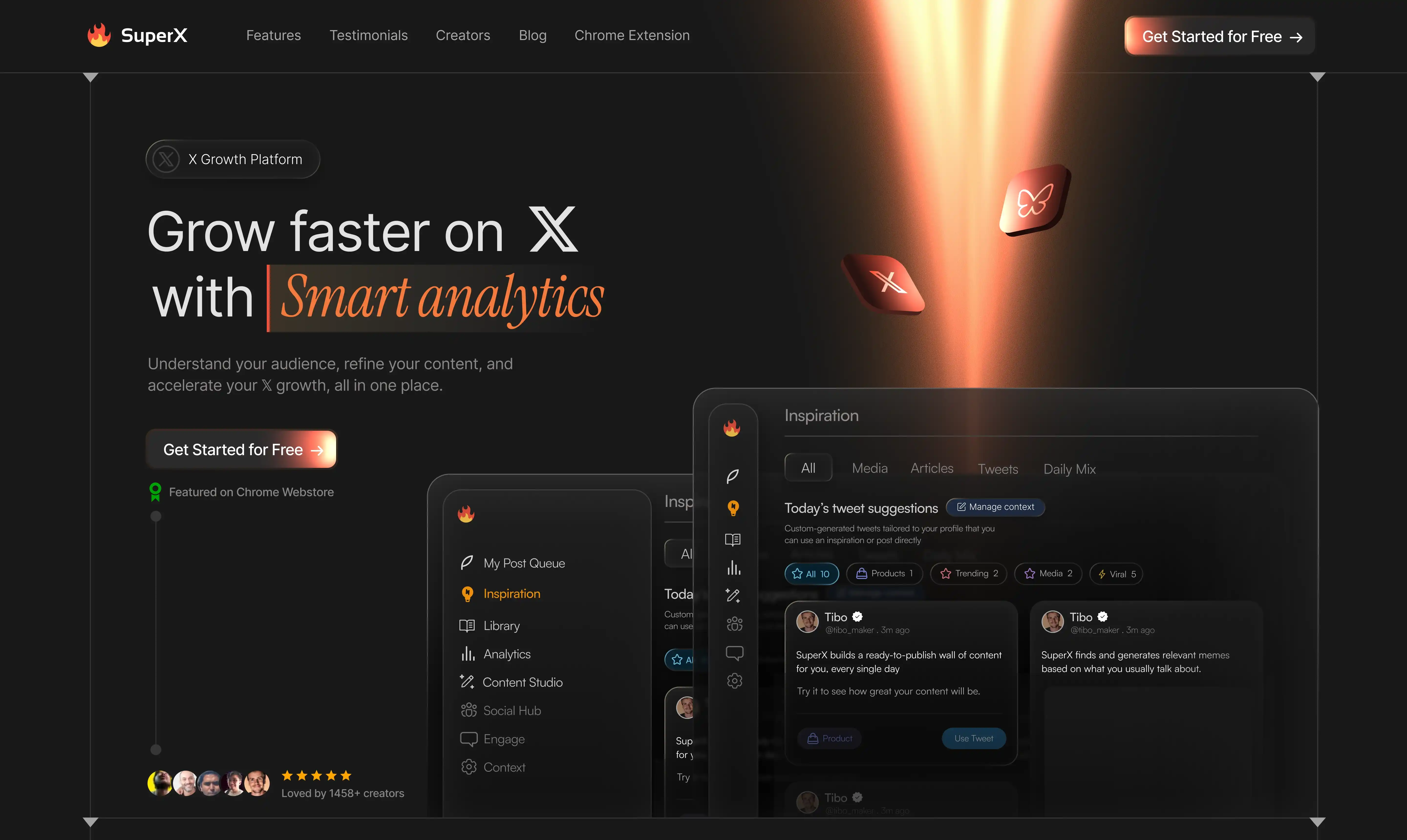 SuperX — X growth platform, 'Grow faster on X with smart analytics'