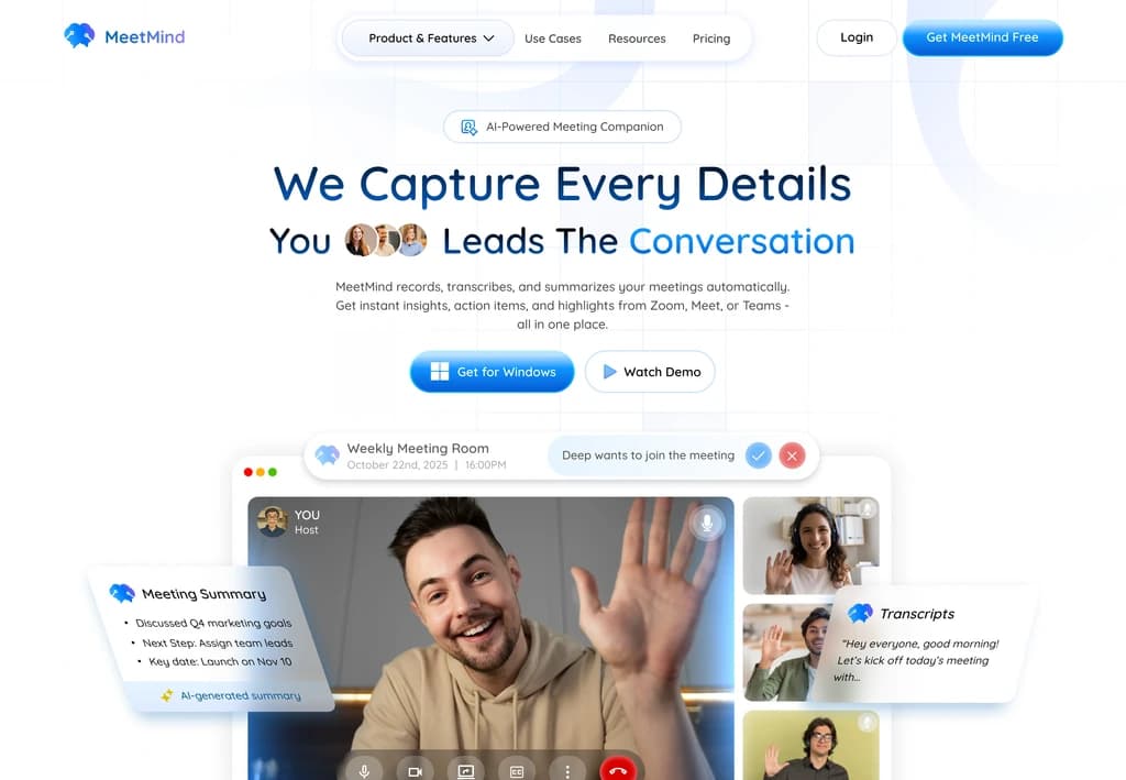 MeetMind — AI meeting companion that records, transcribes and summarises calls