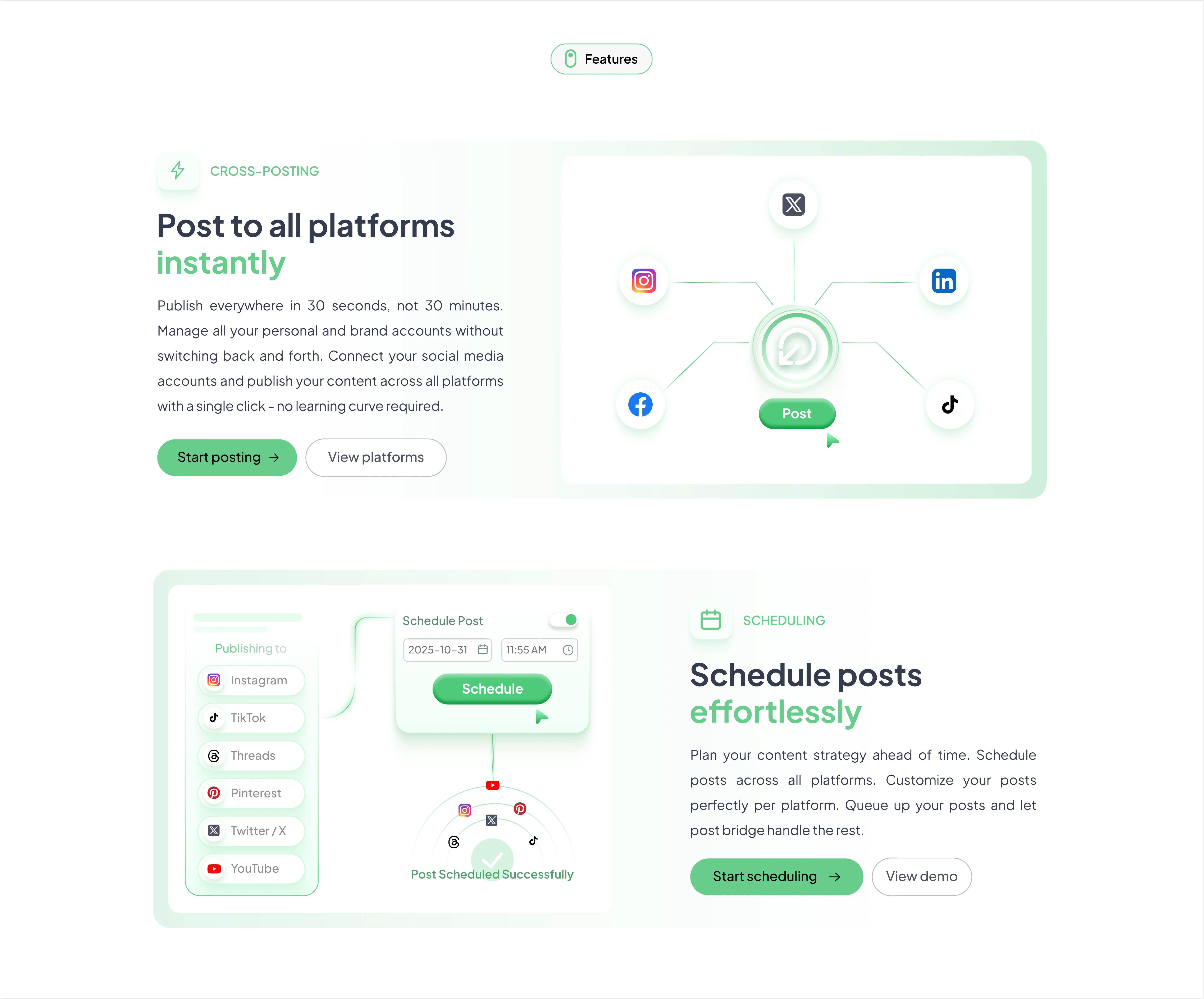 Post Bridge features — cross-posting and scheduling