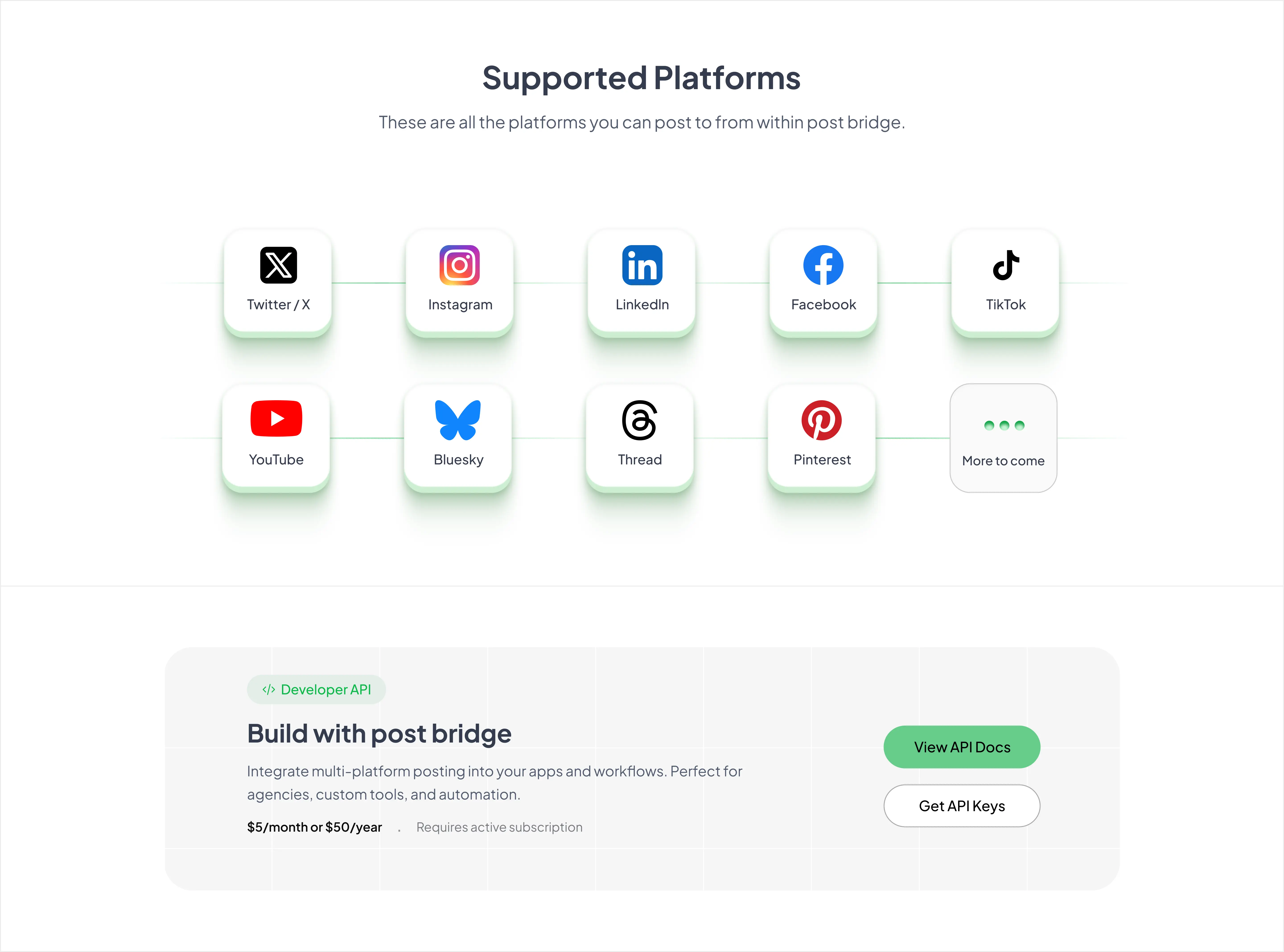 Supported platforms and the Post Bridge developer API