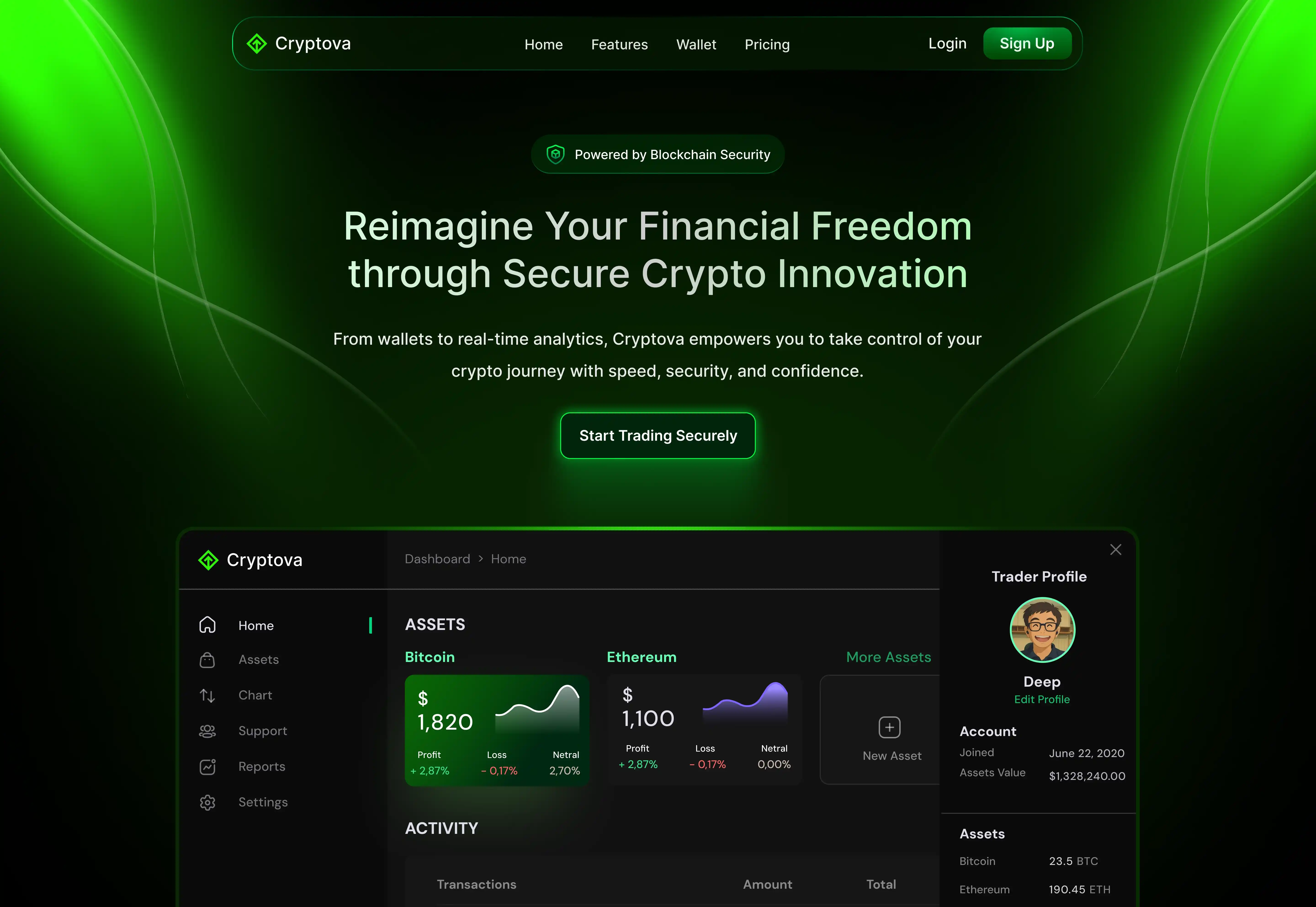 Cryptova crypto landing page design