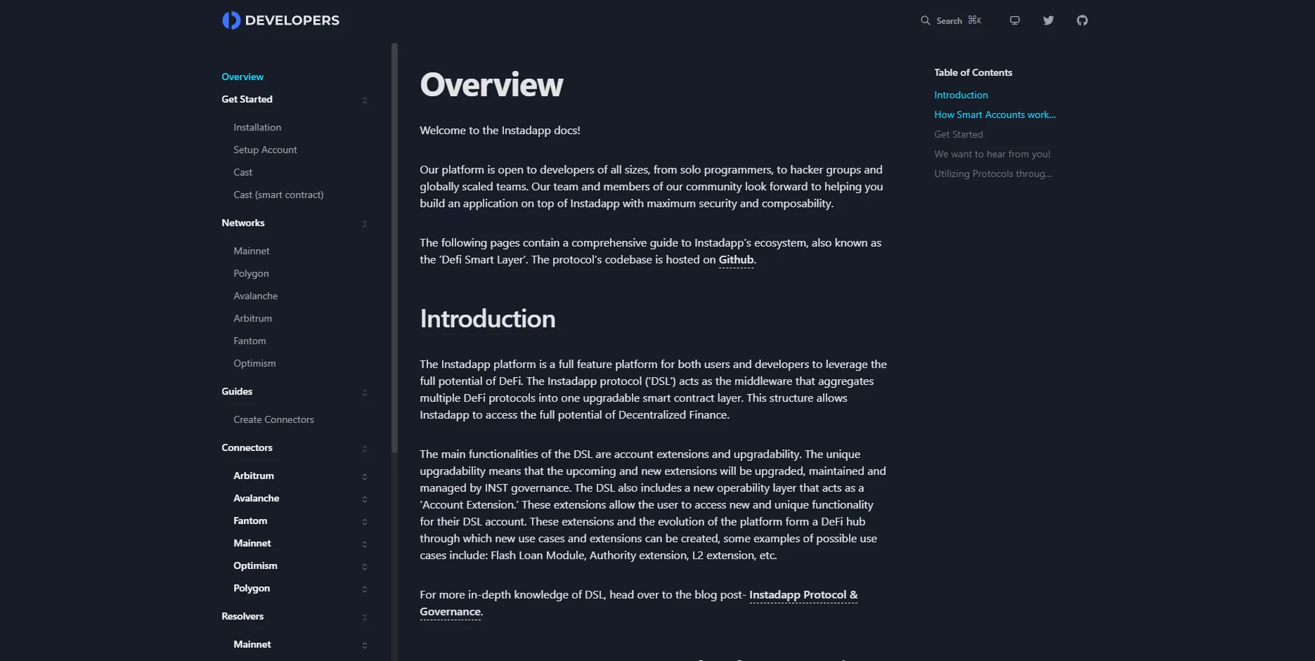 Instadapp developer docs - Overview and Introduction to the DeFi Smart Layer, with the networks and connectors sidebar