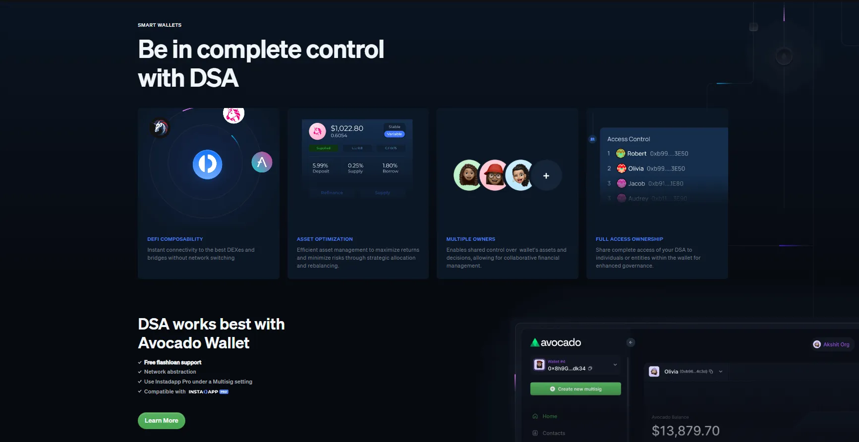 Instadapp Smart Wallets section - Be in complete control with DSA, covering DeFi composability, asset optimization, multiple owners, and full access ownership