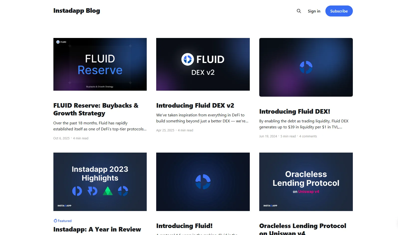 Instadapp Blog - posts on FLUID Reserve, Fluid DEX v2, and the Oracleless Lending Protocol on Uniswap v4