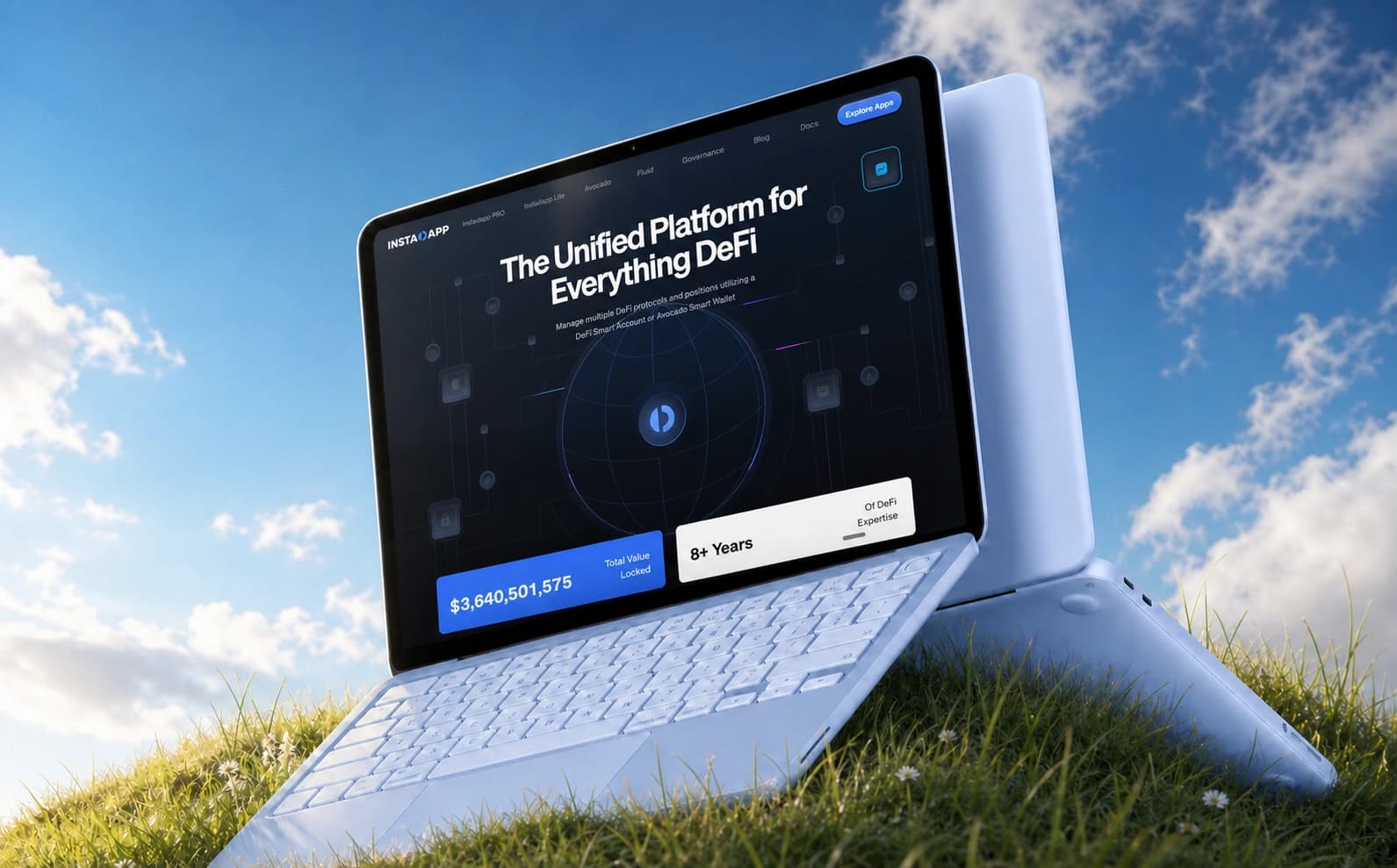 Instadapp homepage on a laptop in grass - The Unified Platform for Everything DeFi