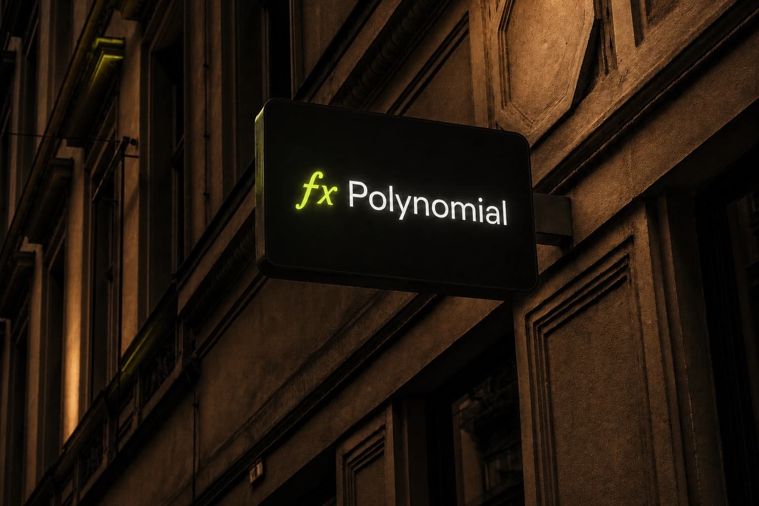 Polynomial Protocol illuminated storefront sign at night