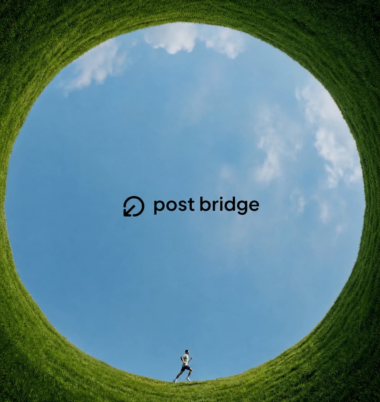Post Bridge logo framed by a ring of grass, with a runner on the rim