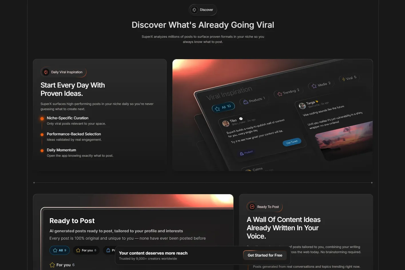SuperX Discover section - Discover What's Already Going Viral, with daily viral inspiration and ready-to-post ideas