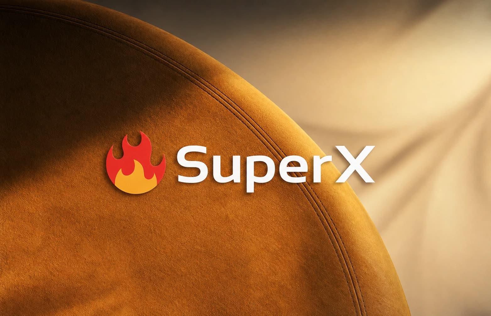 SuperX flame logo on amber suede
