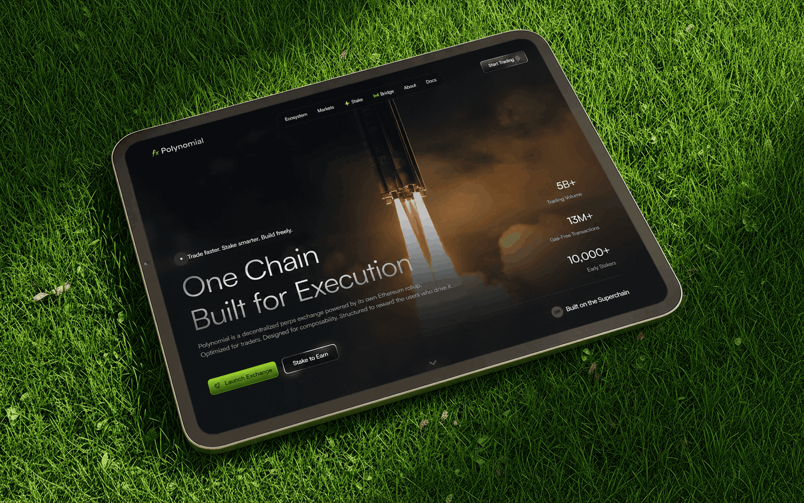 Polynomial Protocol homepage on a tablet resting on grass